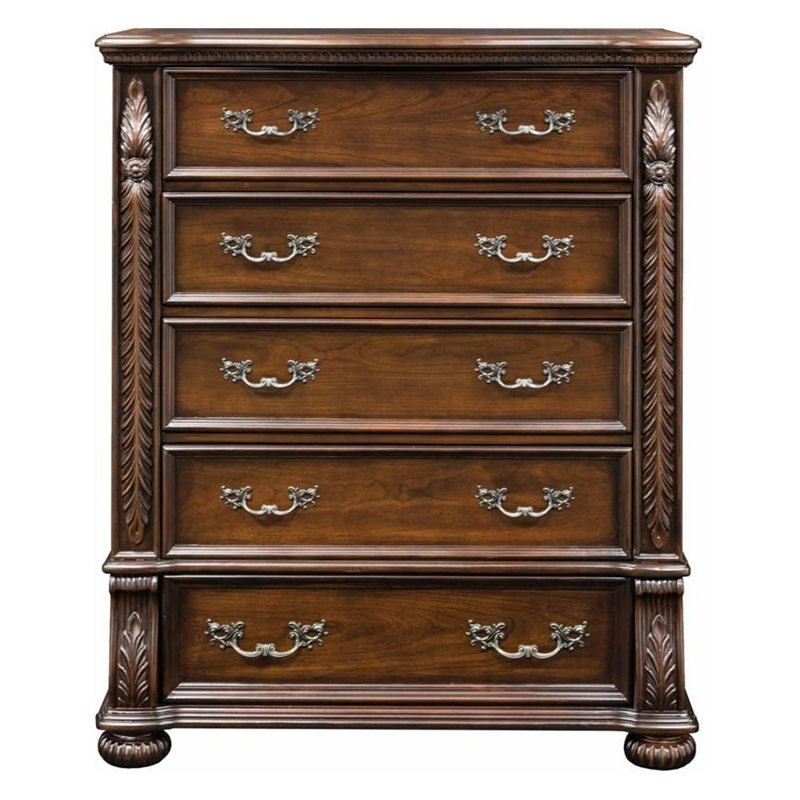56 Inch Classic Tall Dresser Chest 5 Drawers Antique Handles Wood Brown